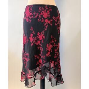 VTG 90s Y2K Skirt Midi Large Black Red Ruffle Chiffon Whimsigoth Fairy Grunge